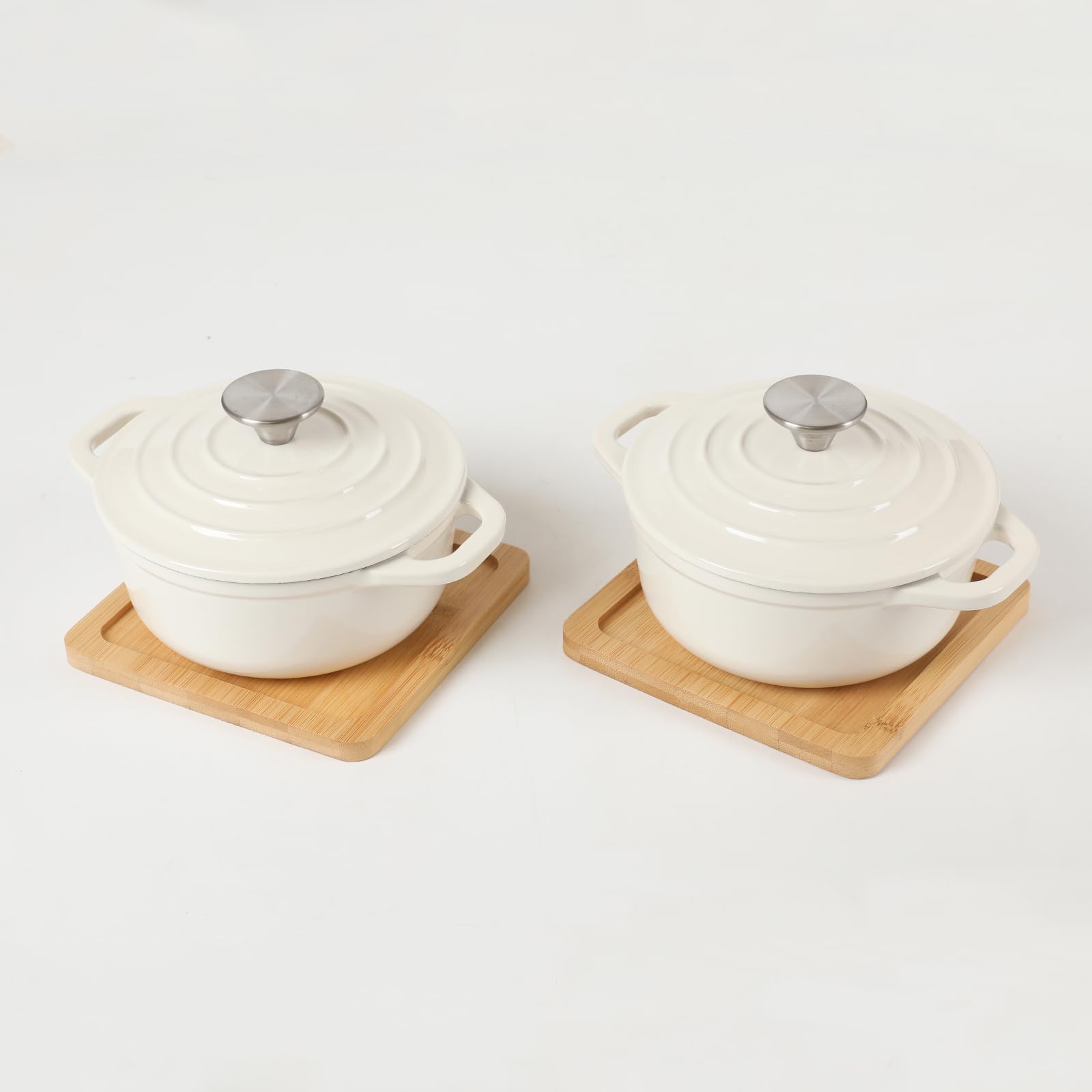 HAWOK Enameled Cast Iron Mini Dutch Oven, Dia5.51”, 23oz, with Bamboo Tray, Set of 2, Oyster White