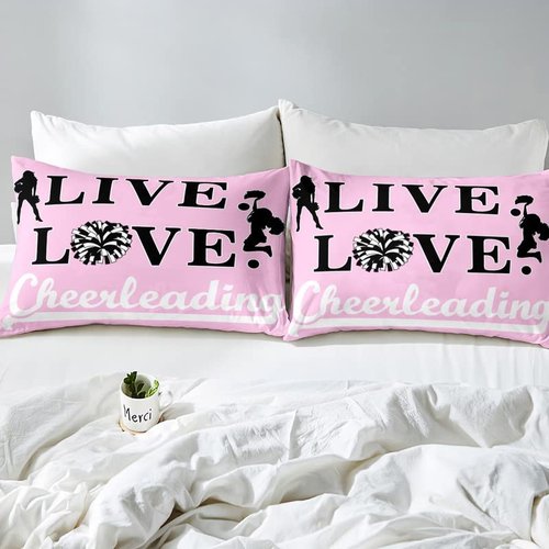 Cheer Fitted Sheet Queen Girls Cheerleading Bed Sheet Set for Kids Teens Adults Cheerleader Deep Pocket Sheet Pink Cheer Sports Room Decor Bed Cover 3Pcs with 2 Pillow Case