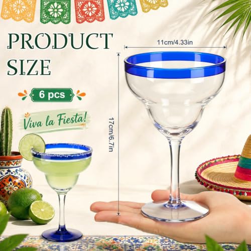 Vesici 6-Pack Hand-Blown Mexican Margarita Glasses 16oz with Cobalt Blue Rim