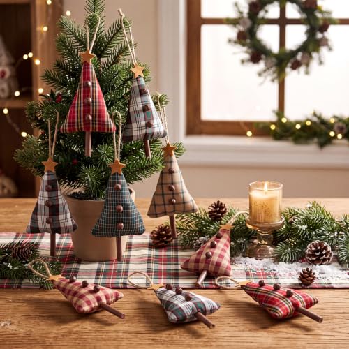 Blueweenly 12-Piece Primitive Plaid Christmas Ornaments – Fabric Tree Decor Set
