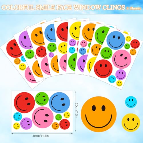 Colorful Smile Face Window Clings - 9 Double-Sided Decals