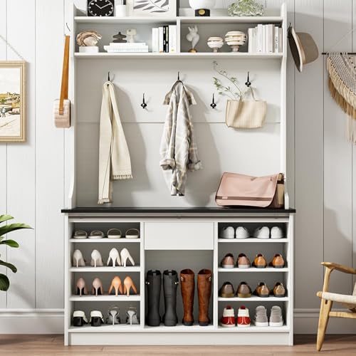 Farmhouse Hall Tree with Shoe Storage Bench and Sliding Barn Door Cabinet