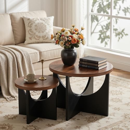 2-Piece Nesting Coffee Table Set, Walnut Wood Round Side Tables