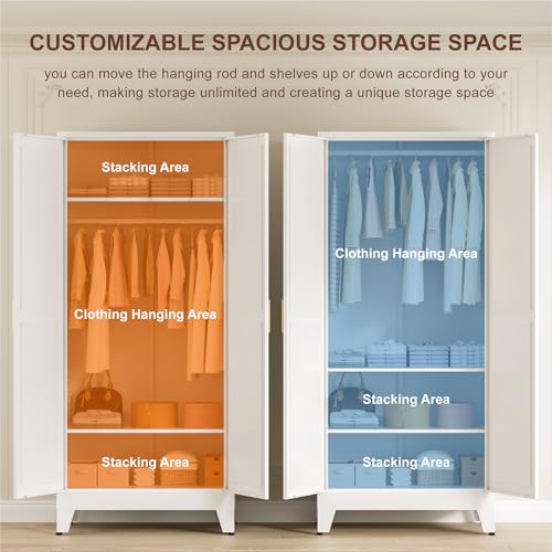 71-Inch Metal Wardrobe Closet with Adjustable Shelves and Hanging Rod