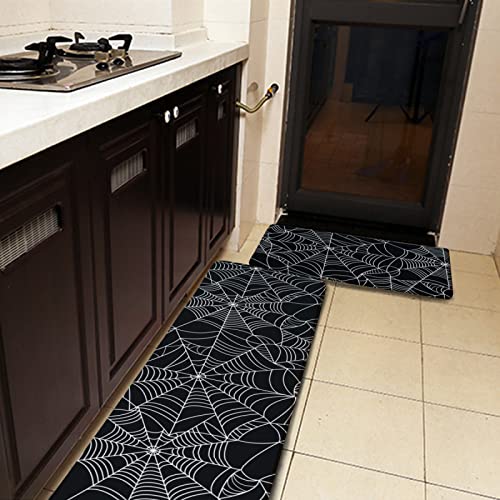 2-Piece Halloween Spiderweb Kitchen Rug Set, Soft Flannel Non-Slip Floor Mats