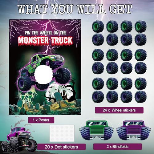 Monster Truck Pin the Wheel Birthday Party Game Set with Poster & Stickers