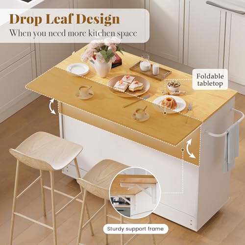 49.6-Inch Rolling Kitchen Island with Drop Leaf, Storage Cabinet, and Spice Rack