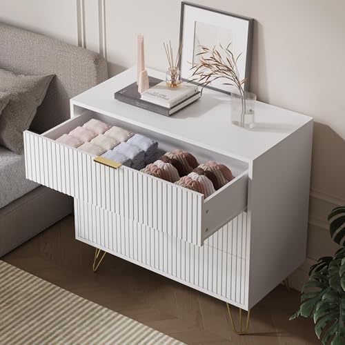 Modern 3-Drawer Fluted Dresser with Gold Handles, White Bedroom Storage Chest