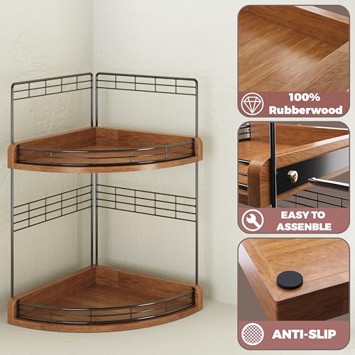 2-Tier Bathroom Corner Shelf, Wood and Iron Countertop Organizer