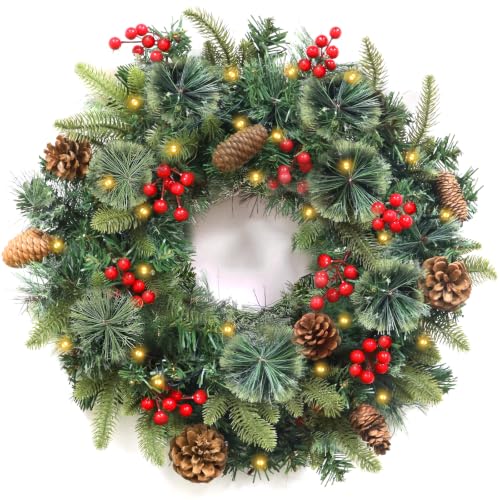 Prelit Christmas Wreath with Lights, Pine Cones & Red Berries - 20 Inch