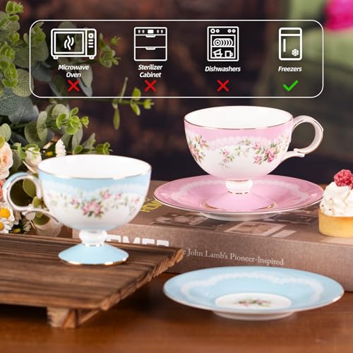 Pink Floral Ceramic Tea Cups Set of 2 with Saucers – Elegant KAMMAK Demitasse Cups