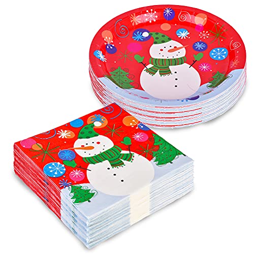 Gatherfun Christmas Snowman Party Plates & 50-Piece Napkins Set - Disposable Dinnerware