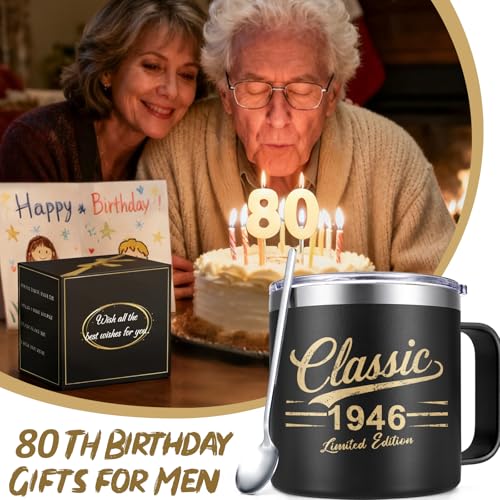 80th Birthday Gifts for Men - Classic 1946 Insulated Coffee Mug with Lid & Straw, 14oz Black