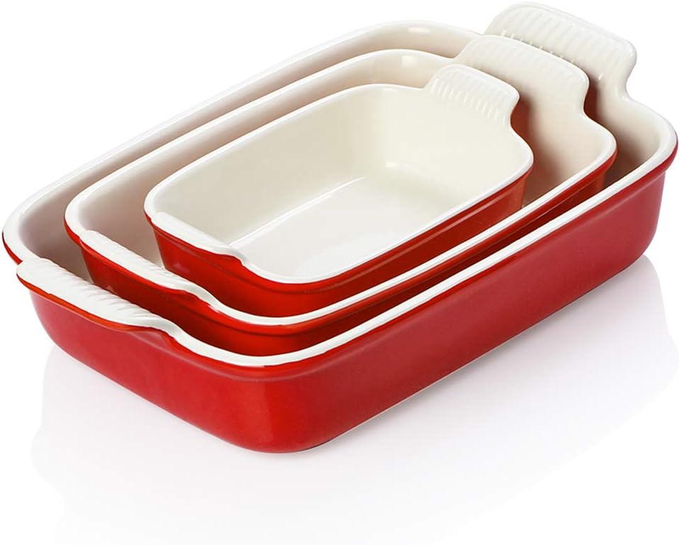 Sweejar Ceramic Baking Pans Set - Durable 9x13 Rectangular Casserole Dishes with Handle | 3-Piece Bakeware Set (Red)