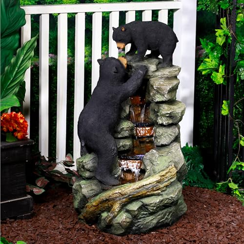 36 Inch Indoor/Outdoor Climbing Bear Water Fountain with LED Lights - Rainforest Wildlife Decor