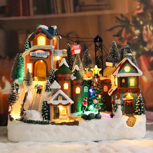 Chonsun 10.2 Inch Christmas Village House with Skiing & Skating Characters – USB Lighted Town Scene