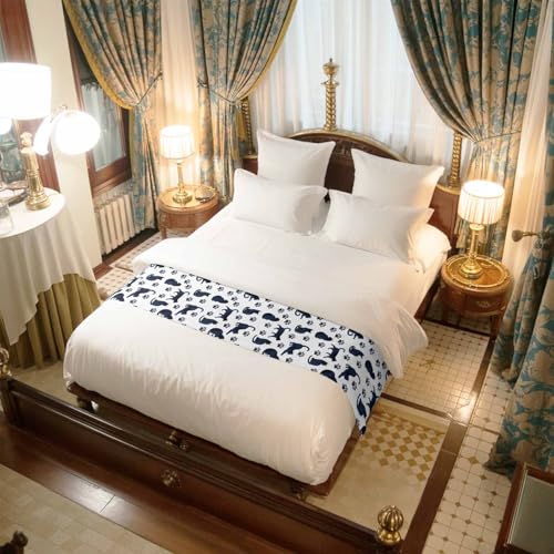 Navy Blue Cat Paw Bed Runner Scarf for Full Size Bed Foot (83"x20")