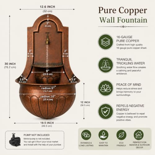 Handcrafted 16-Gauge Pure Copper Wall Fountain - Antique Hammered Water Feature