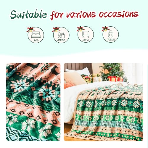 Ramees Christmas Throw Blanket 50x60in Fleece Sherpa Reindeer Snowflakes