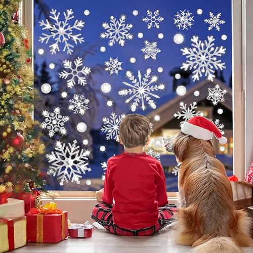 Augisteen 8 Sheets Extra Large Glitter Snowflake Window Clings - Reusable Double-Sided Xmas Window Decor