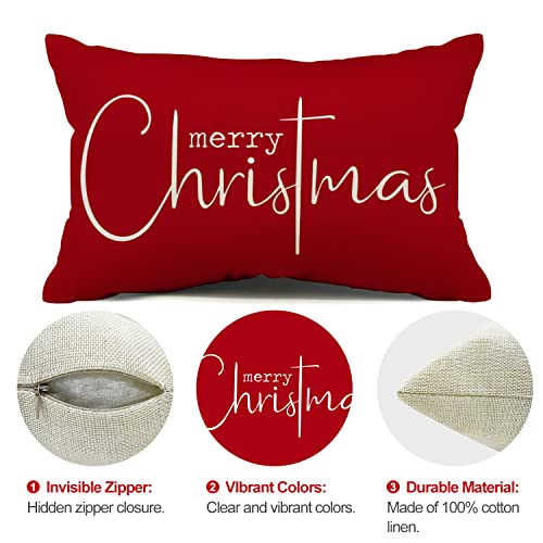 Allorry Christmas Pillow Cover 12x20 Inches Red Cotton Linen Holiday Decor Pack of 1
