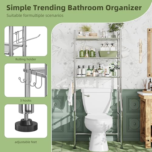 3-Tier Over-the-Toilet Storage Rack with Paper Holder and Hooks, Chrome
