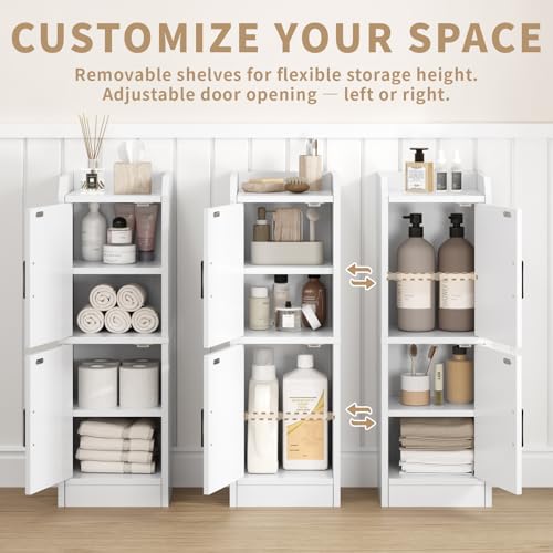 AURINEST White Wood Narrow Bathroom Storage Cabinet with 2 Doors, Slim Shelves, 29.5"H
