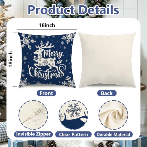 Blue Reindeer Christmas Pillow Covers 18x18in (Set of 4) - KISVODS