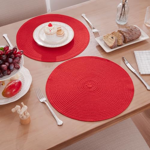 Red Braided Cotton Placemat Set of 4 - Washable Table Mats for Dining & Holidays