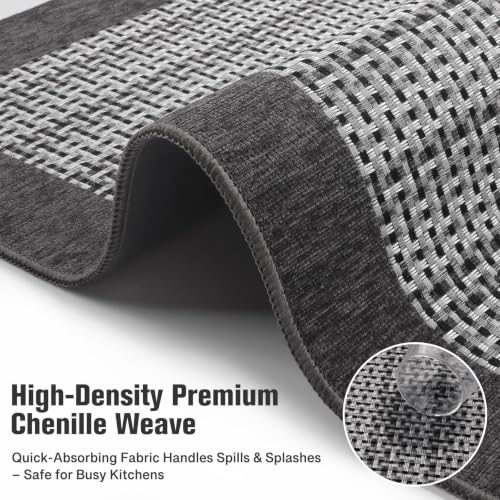 2-Piece Chenille Kitchen Rug Set, Non-Slip Washable Floor Mats in Grey