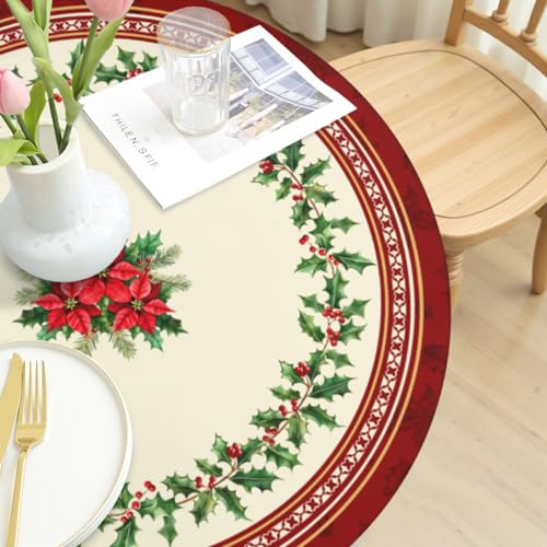 Roverantic Christmas Red Berry Round Tablecloth 44" Beige Elastic Edge Water-Resistant