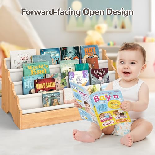 Bamboo Toddler Bookshelf - Montessori Style Kids Book Storage Rack