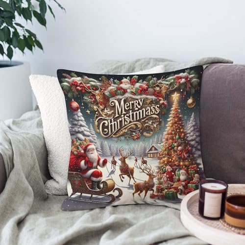 2 Pack 16x16 Inch Merry Christmas Santa Reindeer Snowflake Pillow Covers - Home Decor Cushion Cases for Sofa Bed Living Room