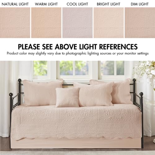 6-Piece Damask Quilted Daybed Cover Set with Scalloped Edges, Blush
