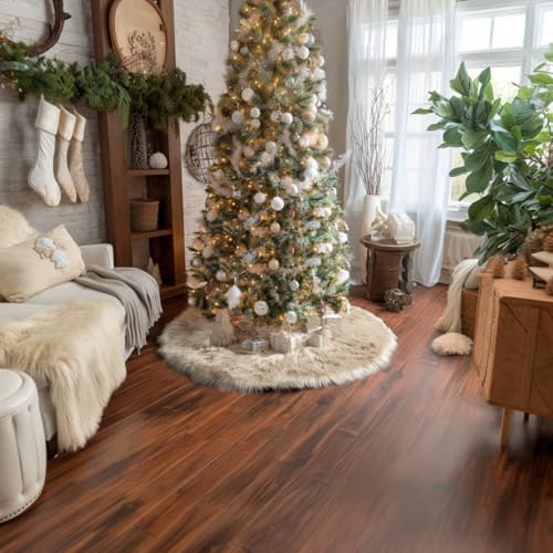 AOGU 48 Inch Beige Faux Fur Christmas Tree Skirt Plush Holiday Decoration