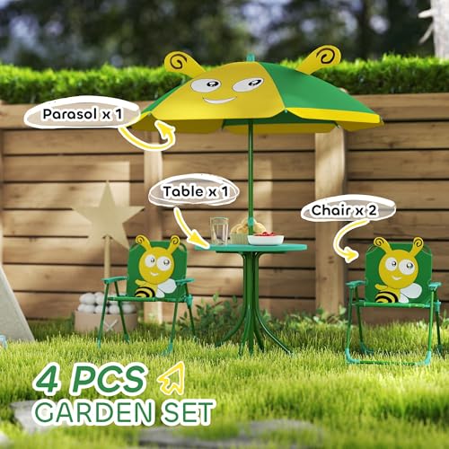 Kids Outdoor Garden Set with Adjustable Bee Pattern Umbrella, Play Table & Chairs