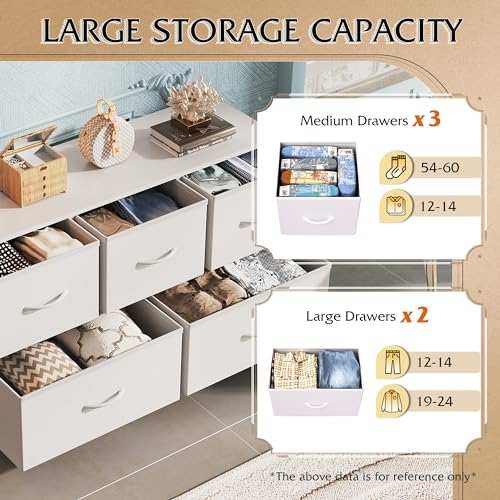 5-Drawer Wide Storage Dresser Chest with Fabric Bins & Wood Top - White