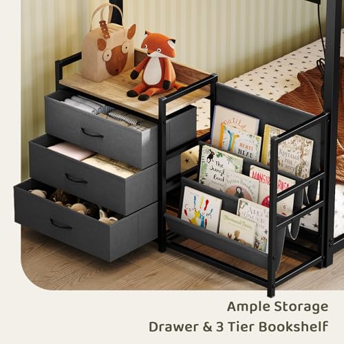 Twin Over Twin Metal Bunk Bed with Storage, LED Lights & Charging Station