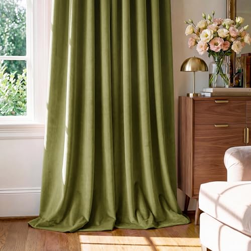 StangH Olive Green Velvet Drapes 52"W x 105"L (Pack of 2) - Living Room, 300 GSM Poshed Velvet