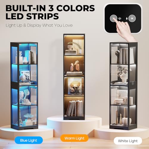 4-Tier Glass Display Cabinet with 3-Color LED Lights & Motion Sensor