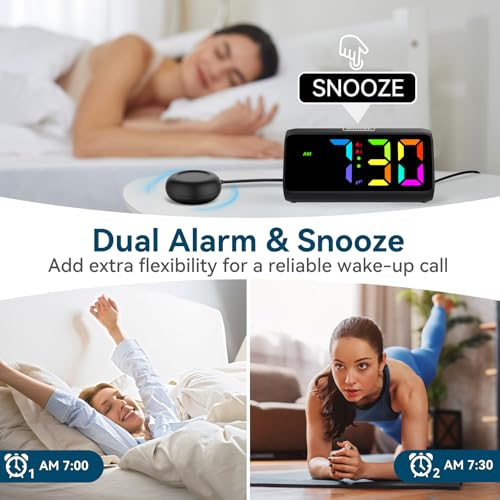 Loud Vibrating Alarm Clock with Bed Shaker for Heavy Sleepers - RGB Display