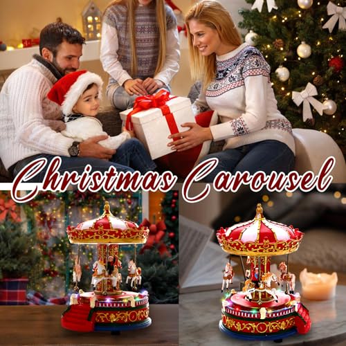 Musical Christmas Carousel Village Figurine with Revolving Horses & 8 Songs