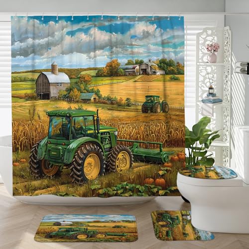 Green Tractor Farmhouse Bathroom Decor Set - 4 Piece Curtain & Rugs
