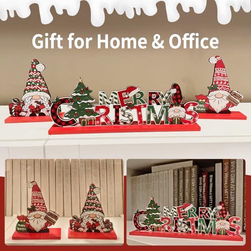 Merry Christmas Gnome Centerpiece 3Pcs Tabletop Wooden Decor – Coffee Table Indoor Xmas Gift