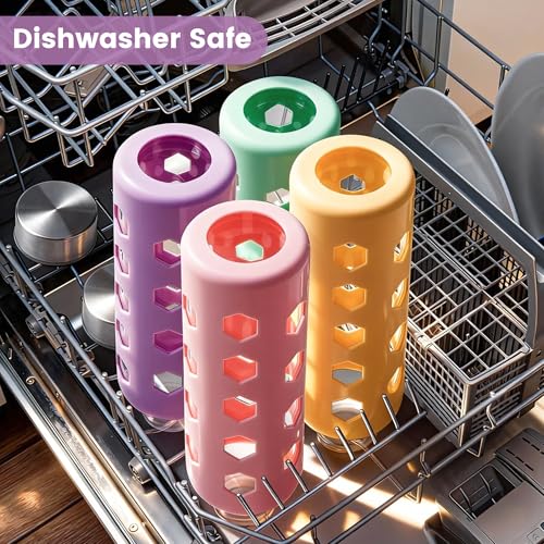18 oz Glass Water Bottles with Silicone Sleeves and Lids, 4-Pack