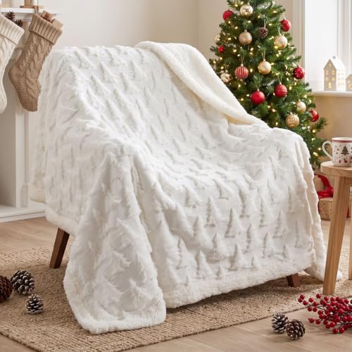 Remagr 3D Christmas Tree Sherpa Throw Blanket 50x60 Inches, Cream White, Xmas Tree Design