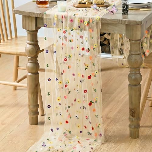 Embroidered Daisy Gauze Table Runner, 120-Inch Sheer Dining Table Decor