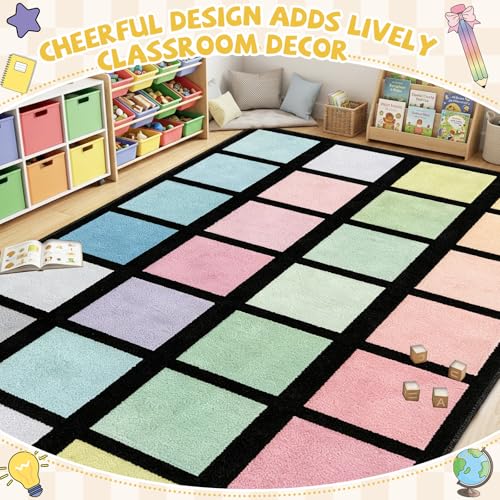 Large Pastel Squares Classroom Rug, 7.6x12 ft Washable Educational Area Mat