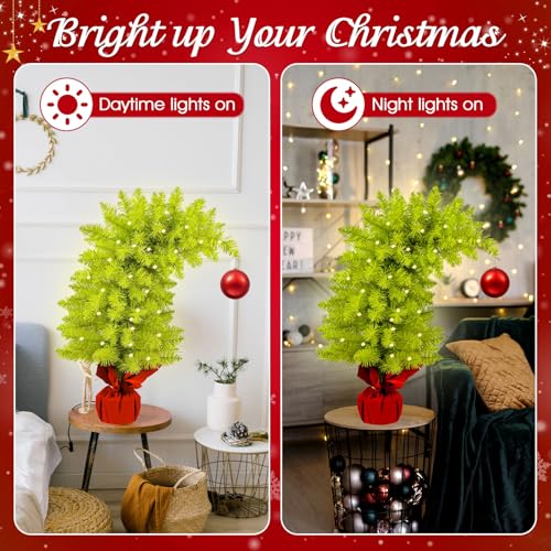 2 FT Lime Green Bendable Christmas Tree with Ornaments - Whimsical Holiday Decor