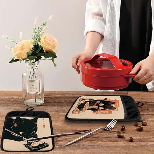 Japanese Cat Print Pot Holders with Pockets - Heat Resistant Cotton Set